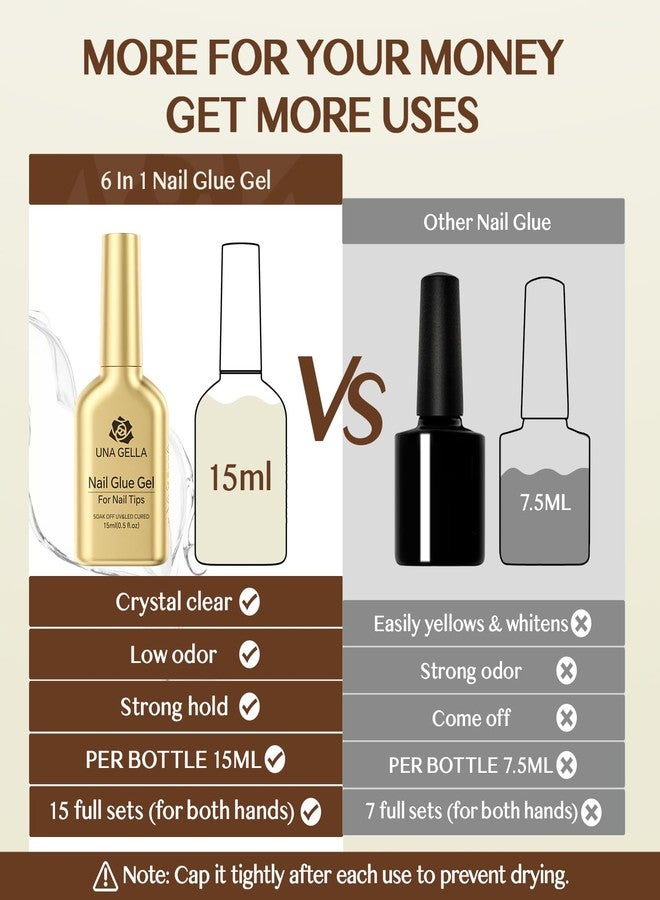 UNA GELLA 6 in 1 Gel Nail Glue for Clear Acrylic Nails Tips, 2Pcs 15ml Super Strong Brush UV Nail Glue Long Lasting Lamp Curing Required for Fake Nails Tips - Image 4